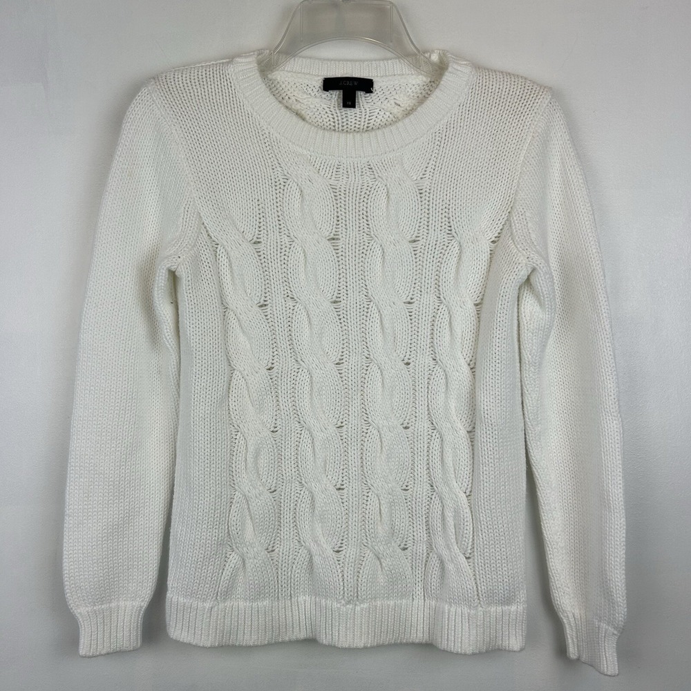J Crew Sweater Womens XS White Cable Knit Pullover Crew Fishermans Preppy
